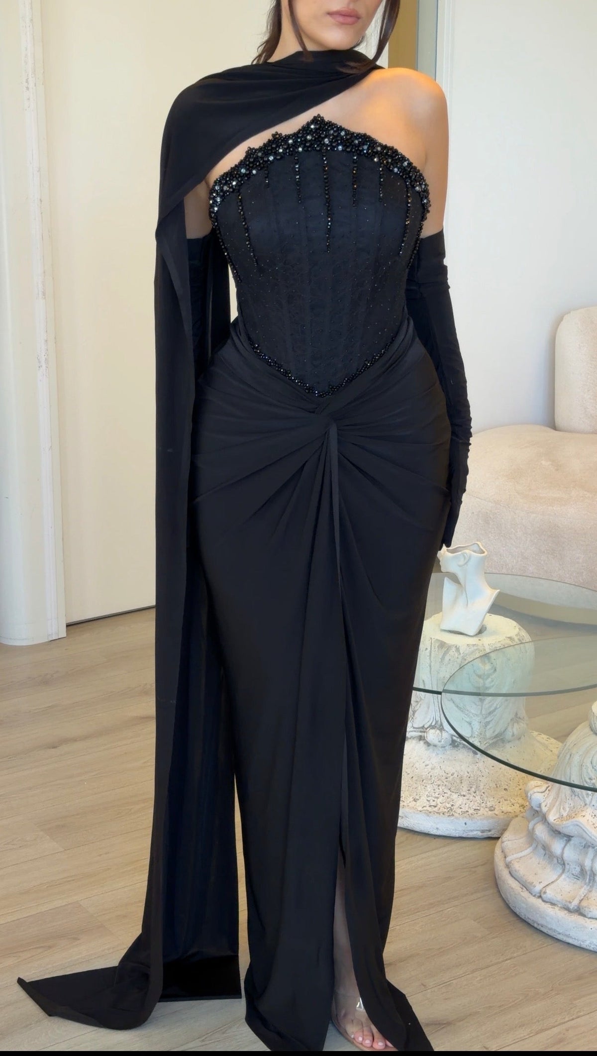 Corset Evening Gown with One-Shoulder Cape