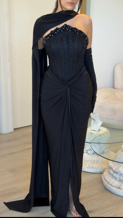 Corset Evening Gown with One-Shoulder Cape
