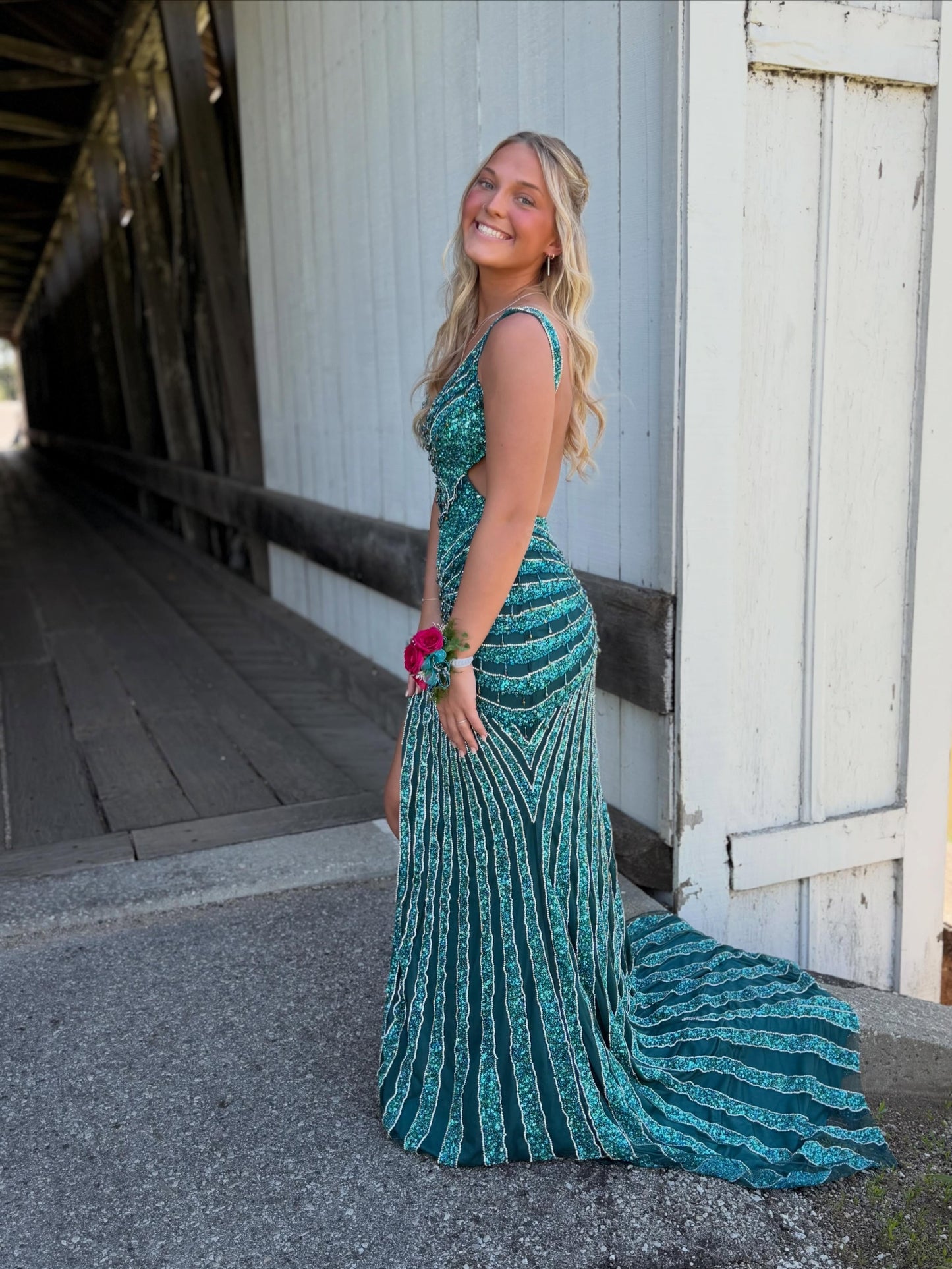 Open Back Sequined Mermaid Evening Gown with Slit