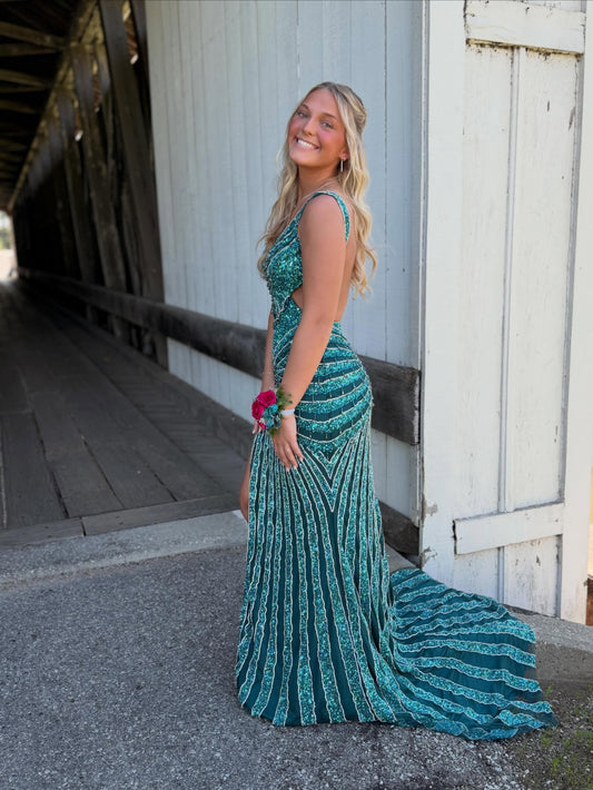Open Back Sequined Mermaid Evening Gown with Slit