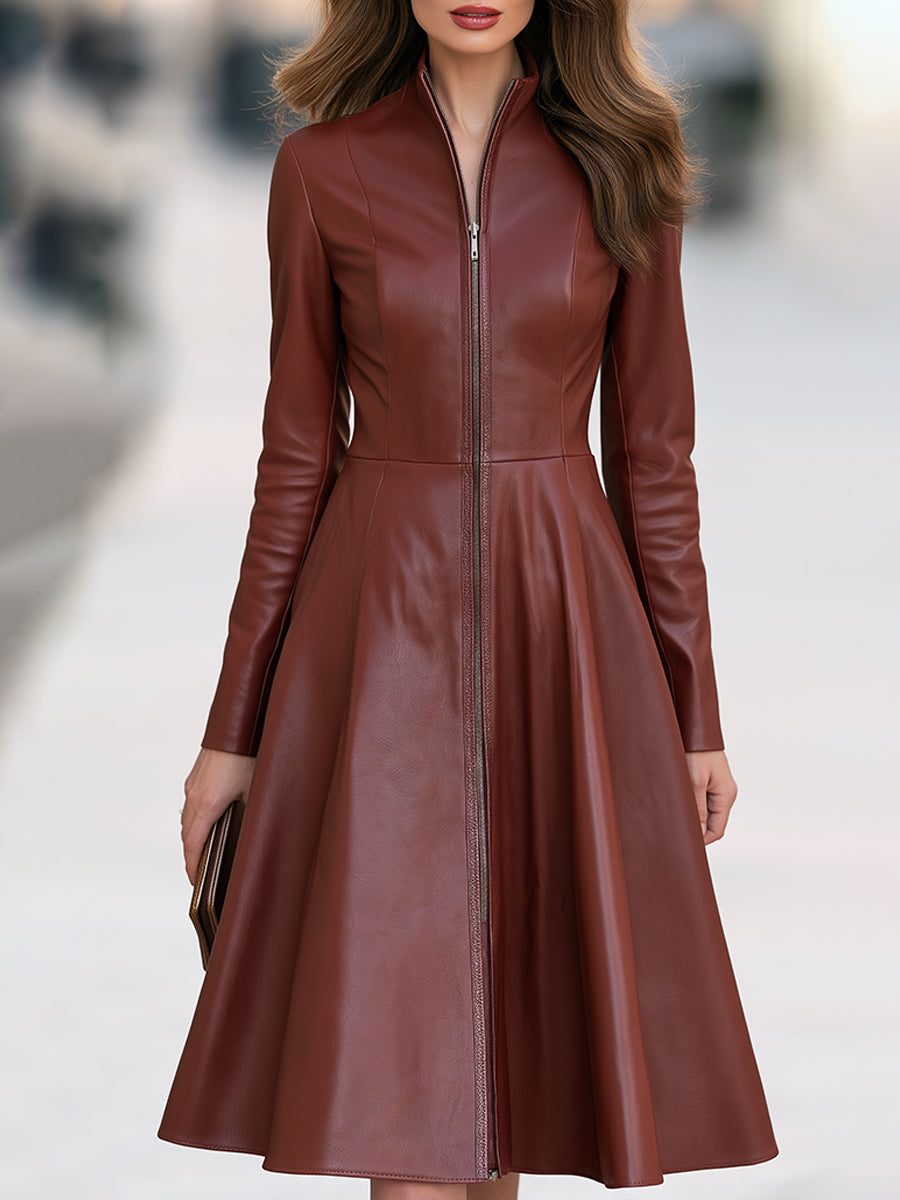 Zip-Front Long Sleeve Fit and Flare Midi Dress