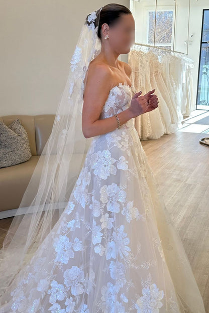 Strapless A-Line Floral Lace Wedding Dress