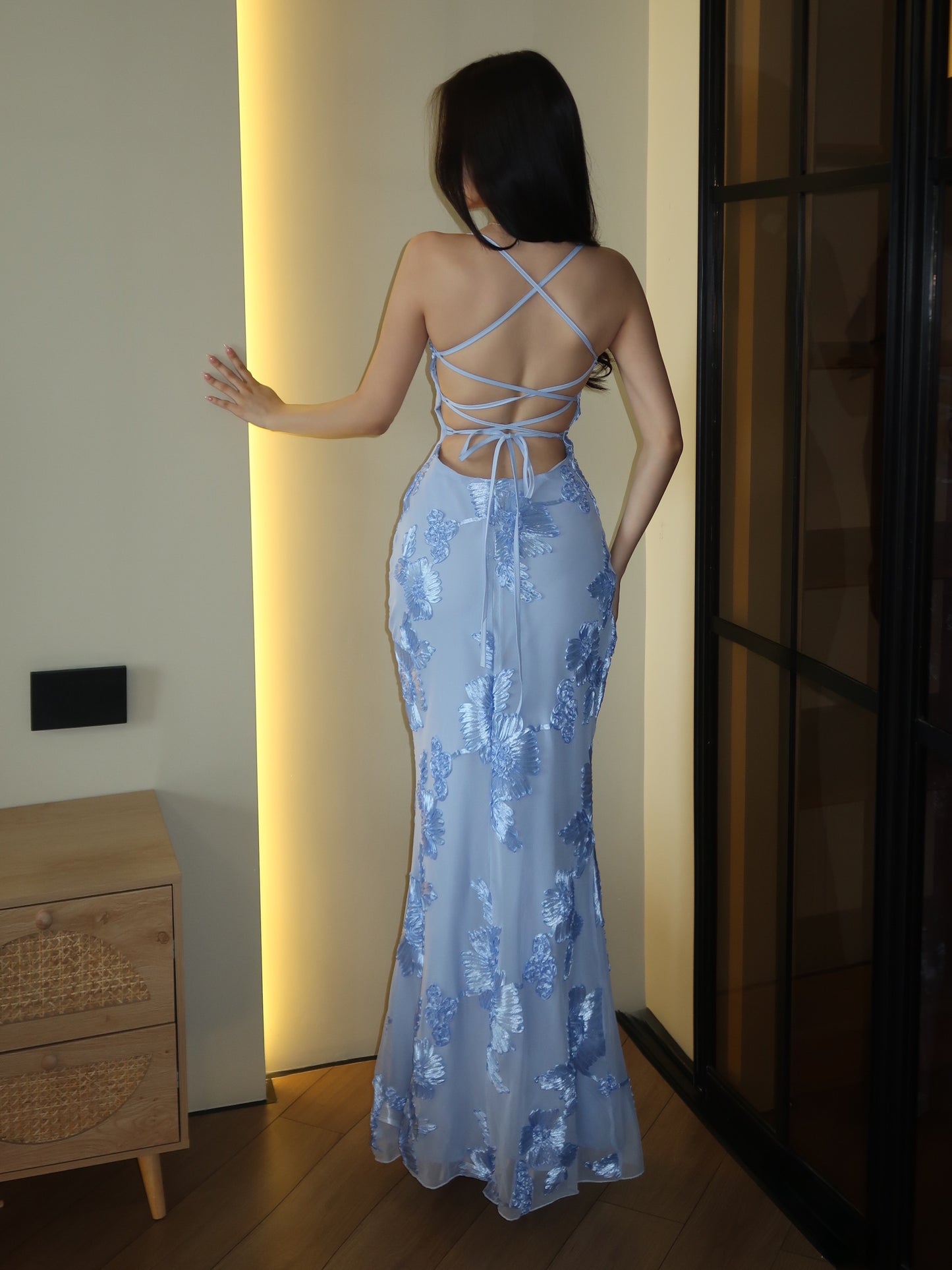 Floral Embroidered Lace-Up Back Mermaid Dress