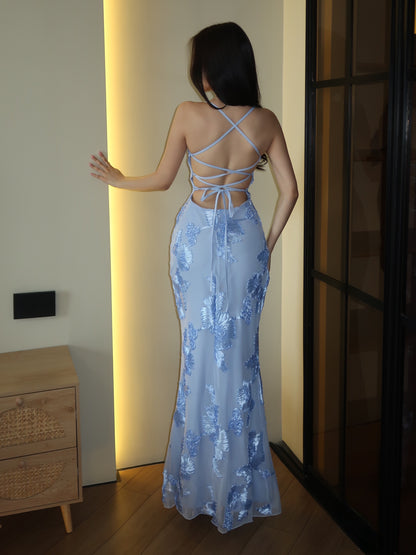 Floral Embroidered Lace-Up Back Mermaid Dress