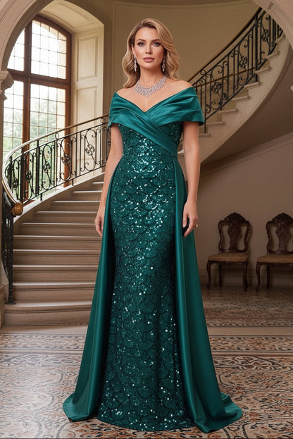 Sequin Evening Gown with Foldover Neckline & Overskirt