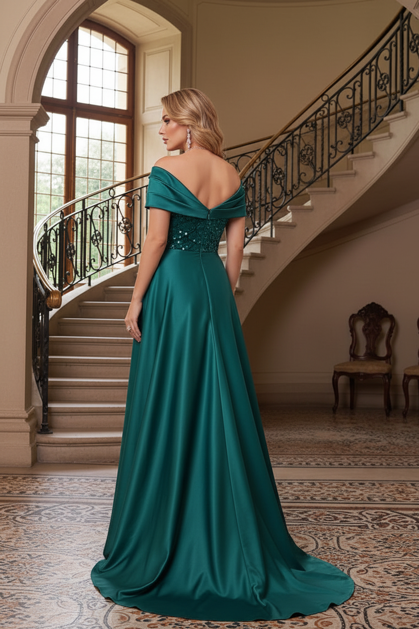 Sequin Evening Gown with Foldover Neckline & Overskirt