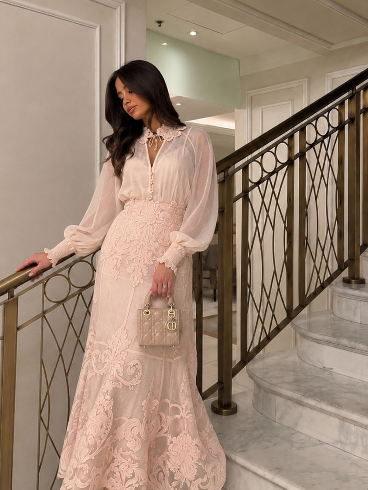 Embroidered Lace Maxi Dress with Sheer Long Sleeves
