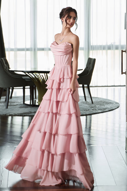 Strapless Tiered Ruffle Corset Gown