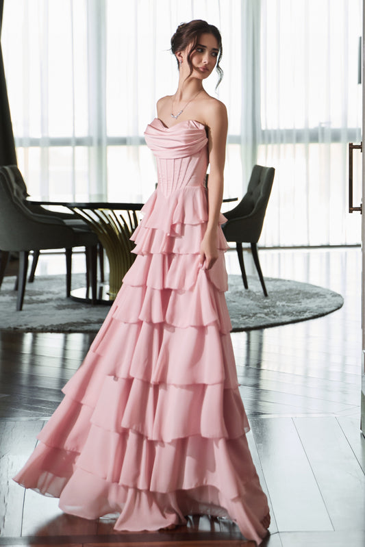 Strapless Tiered Ruffle Corset Gown