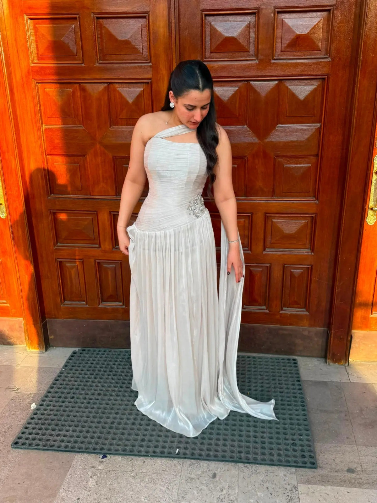 One-Shoulder Pleated Gown with Shoulder Drape