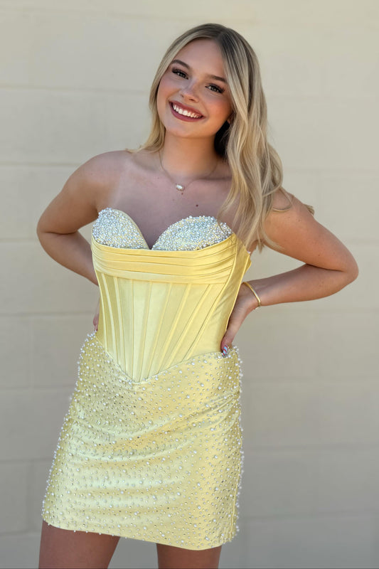 Pearl Embellished Strapless Corset Mini Dress