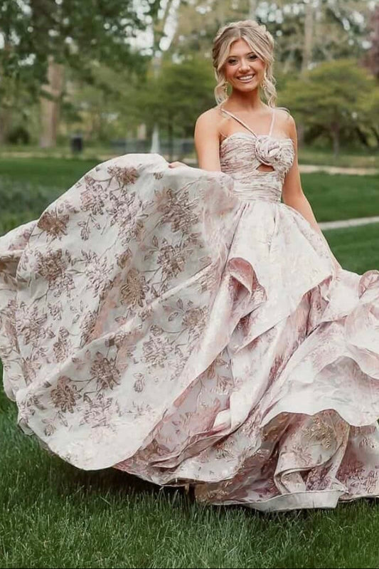 Floral Jacquard Tiered Ball Gown with 3D Flower
