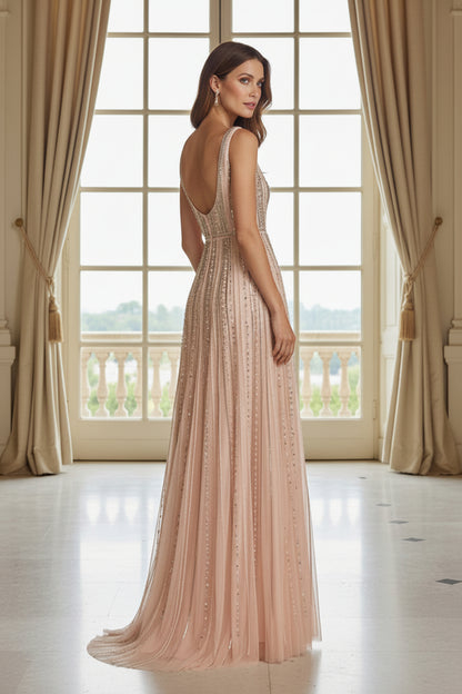 Beaded Scoop Neck Sleeveless A-Line Gown
