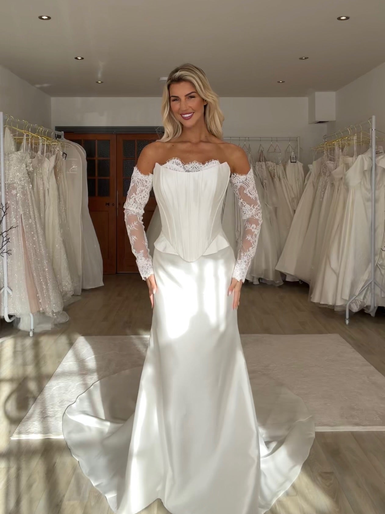 Corset Satin Wedding Dress with Lace Sleeves