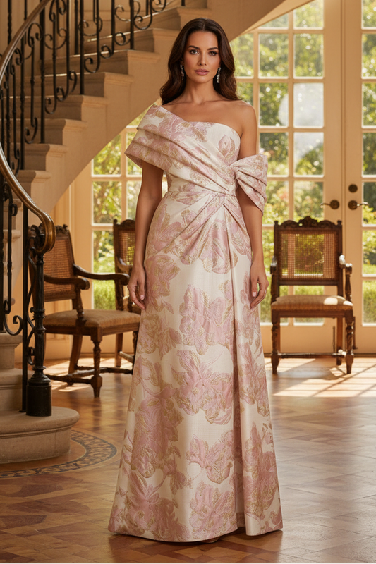 One-Shoulder Floral Jacquard Gown