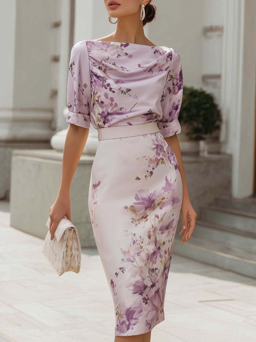 Floral Cowl Neck Midi Sheath Dress with Waistband