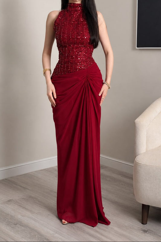 High Neck Beaded Sequin Bodice Draped Evening Gown