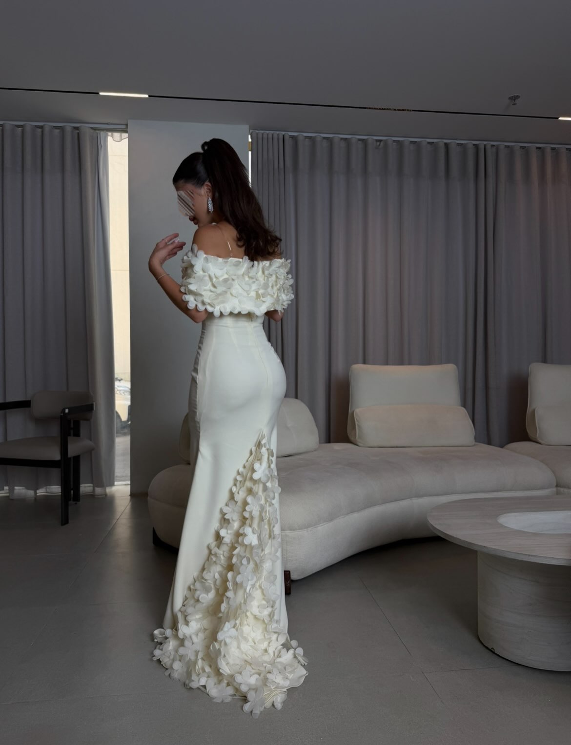 Off-the-Shoulder 3D Floral Crepe Evening Gown