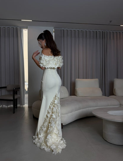 Off-the-Shoulder 3D Floral Crepe Evening Gown