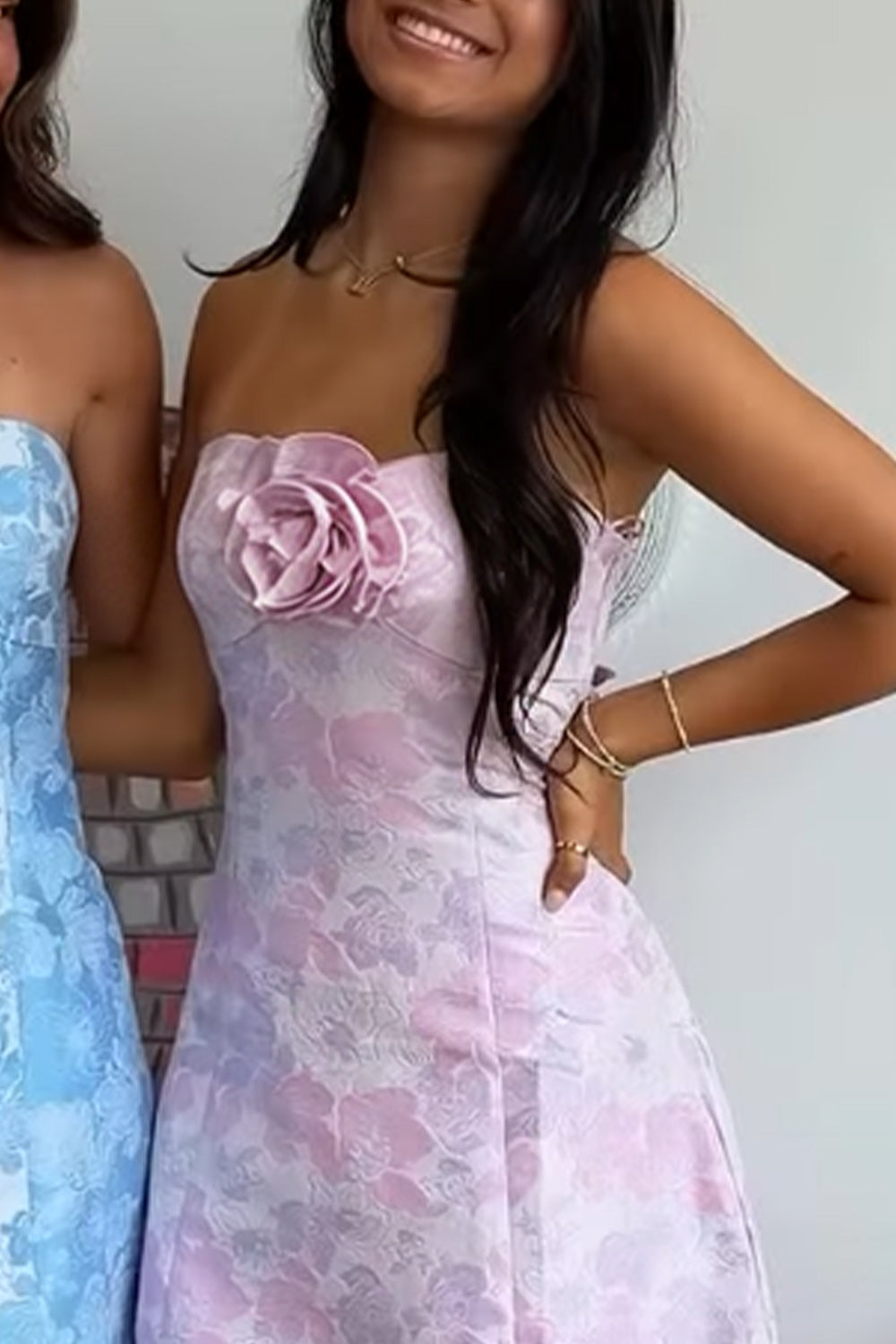 Strapless Floral Jacquard Mini Dress with Rosette