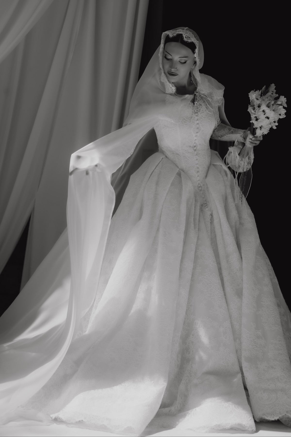 Lace Ball Gown Wedding Dress with Hooded Cape