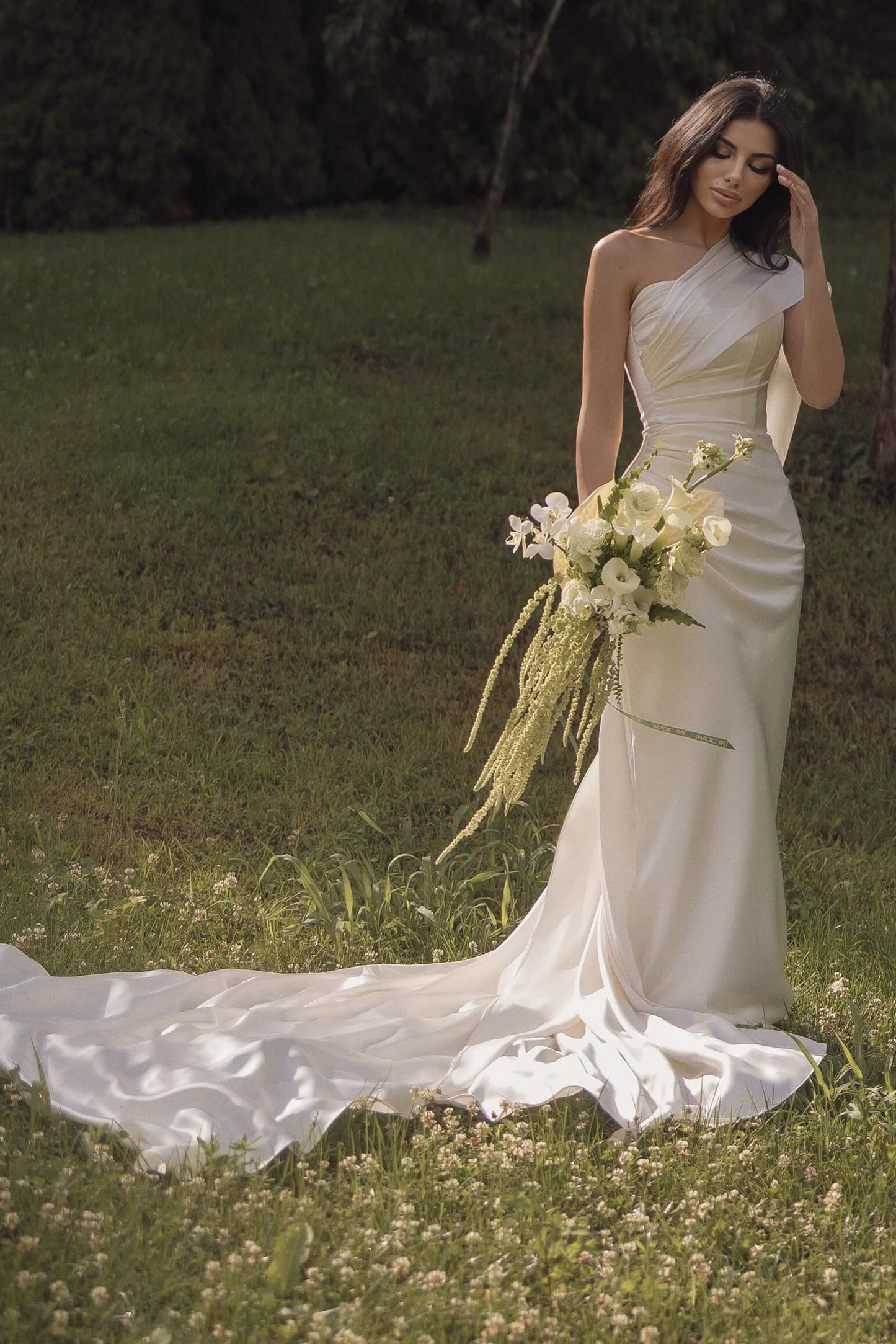 One-Shoulder Satin Wedding Dress with Hooded Shawl