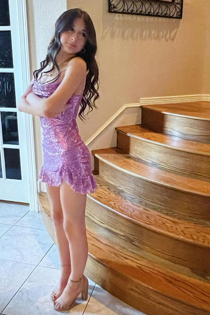 Sequin Cowl Neck Mini Dress with Ruffle Hem