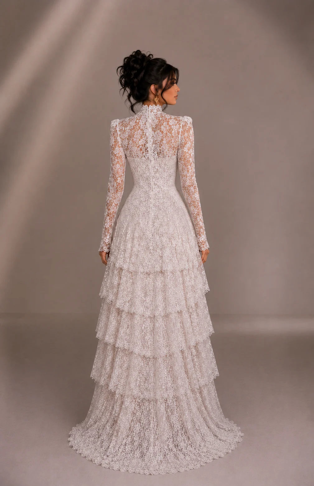 Long Sleeve Lace High-Low Tiered Wedding Gown