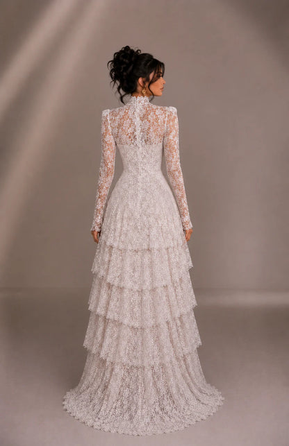 Long Sleeve Lace High-Low Tiered Wedding Gown