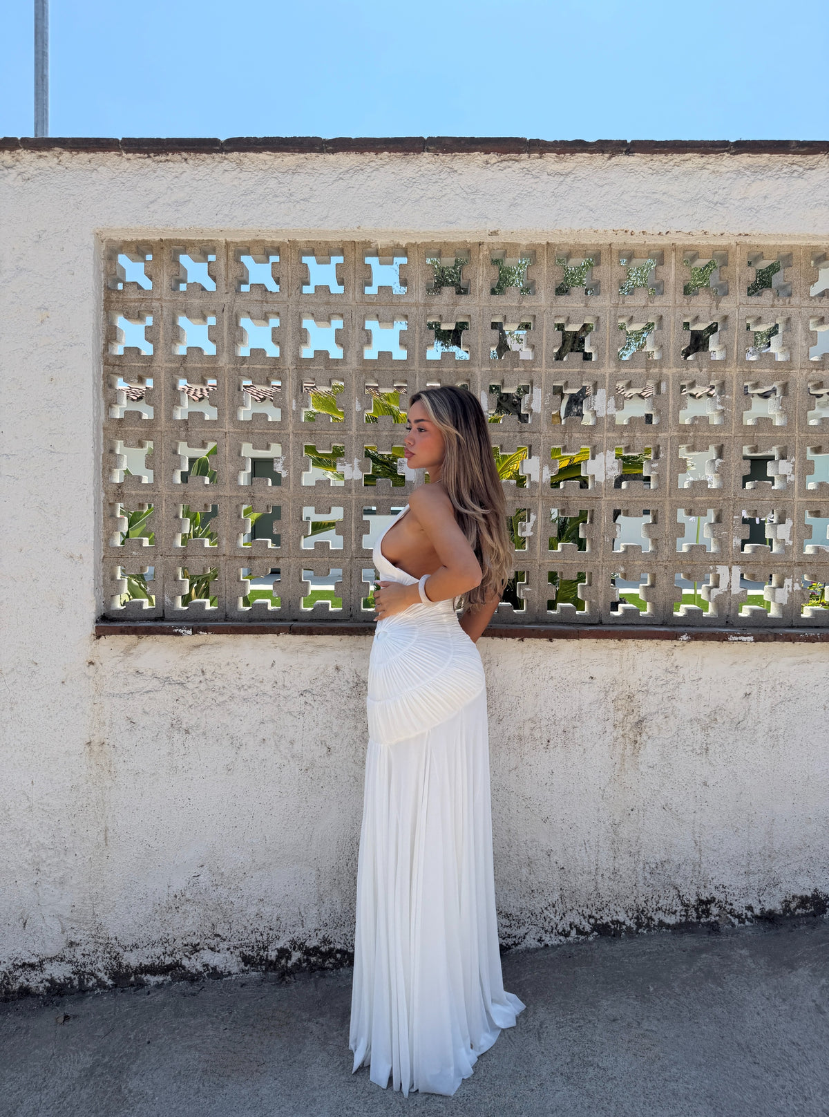 Deep V Halter Ruched Drop-Waist Maxi Dress
