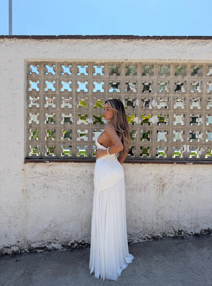 Deep V Halter Ruched Drop-Waist Maxi Dress