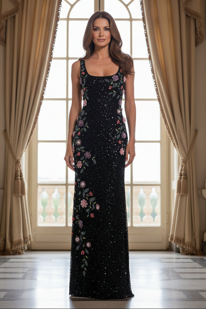 Embroidered Floral Beaded Column Evening Gown