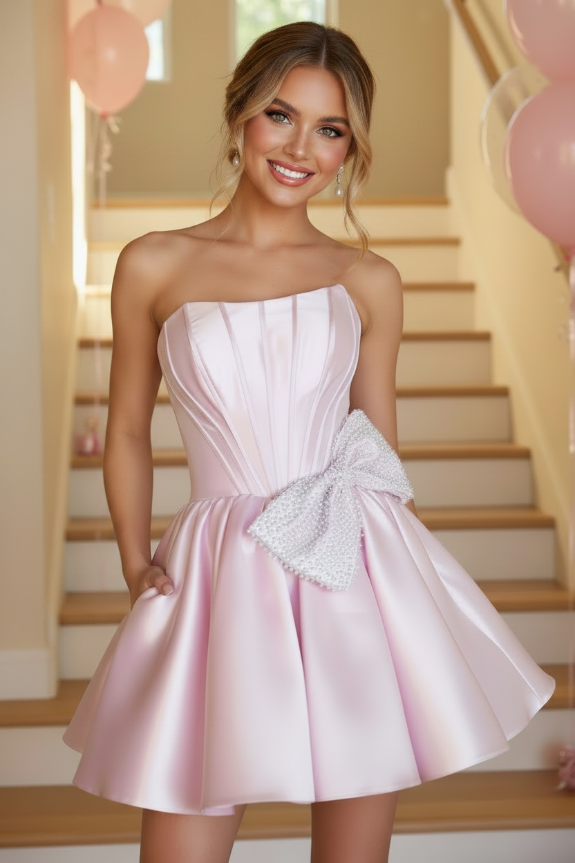 Strapless Satin Corset Mini Dress with Pearl Bow