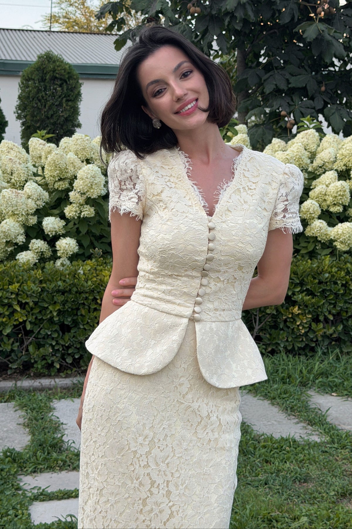 Lace Peplum Midi Dress with Puff Sleeves