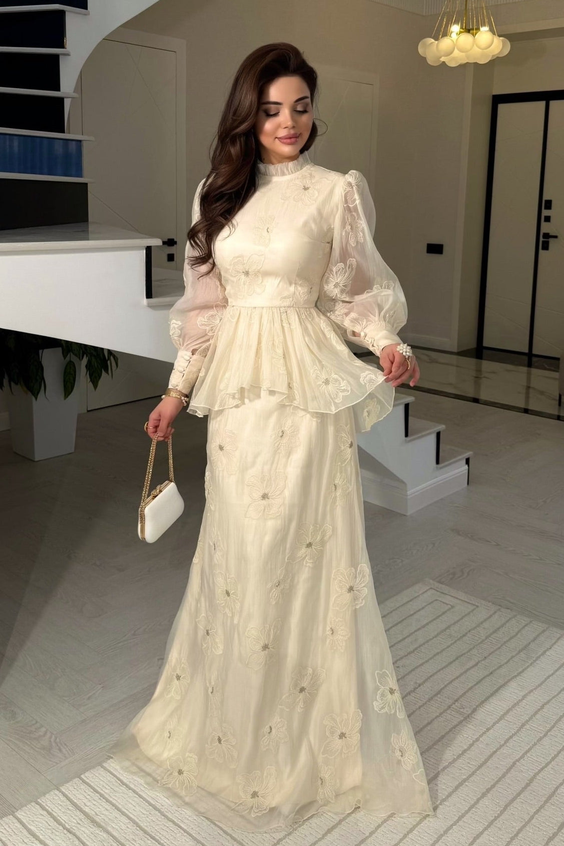 Embroidered High-Neck Peplum Maxi Dress with Sleeves