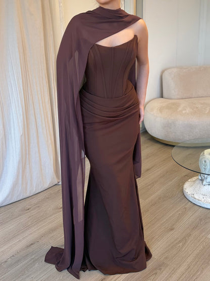 Corset Mermaid Evening Gown with Draped Cape