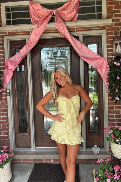 Strapless Floral Textured Mini Dress with Tie Front