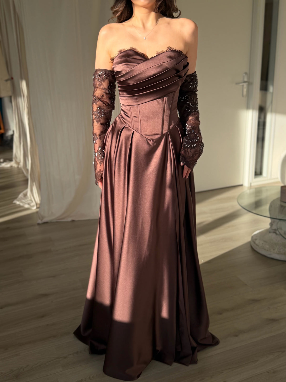 Strapless Corset Satin Ball Gown with Lace Gloves