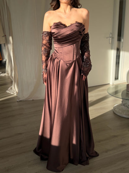 Strapless Corset Satin Ball Gown with Lace Gloves
