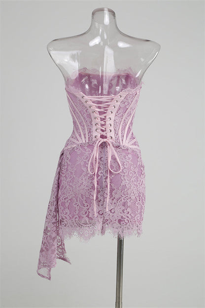 Strapless Lace Corset Mini Dress with Side Drape