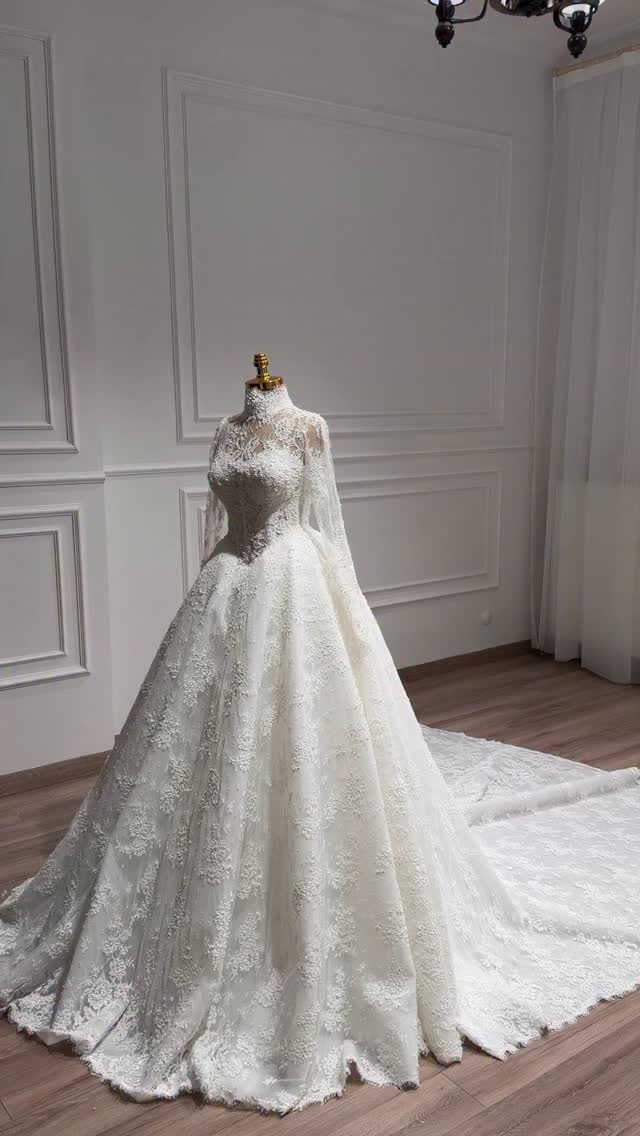 High Neck Lace Ball Gown Wedding Dress with Train