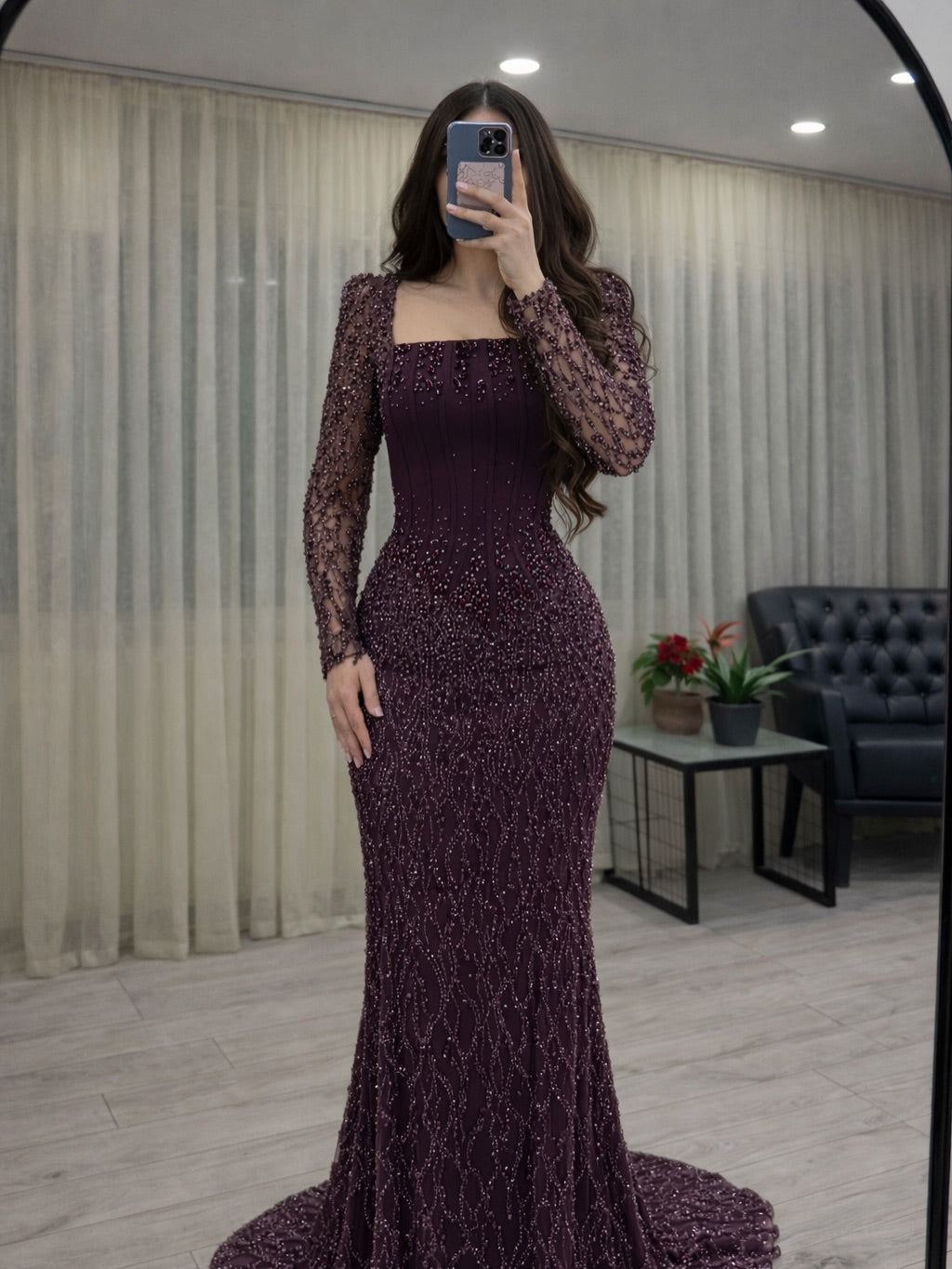 Beaded Long Sleeve Mermaid Evening Gown