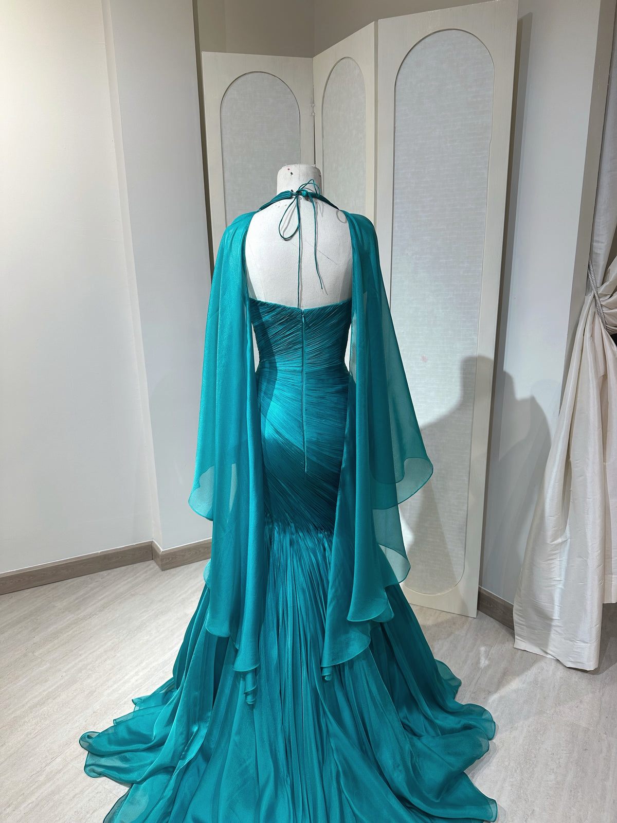 Pleated Mermaid Evening Gown with Halter Capelet