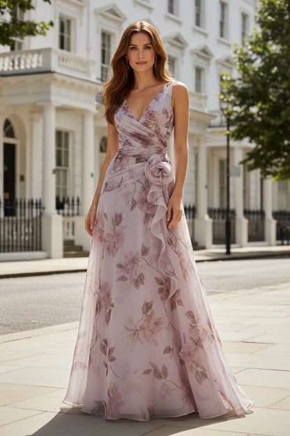 Floral V-Neck A-Line Gown with Ruffle Rosette