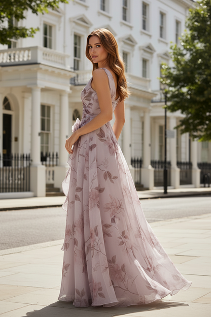Floral V-Neck A-Line Gown with Ruffle Rosette