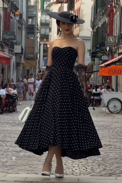 Strapless Sweetheart Polka Dot High-Low Dress