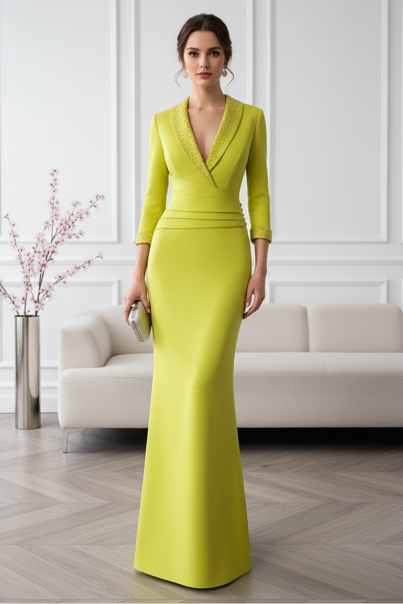 3/4 Sleeve V-Neck Crepe Evening Gown with Ruched Waist