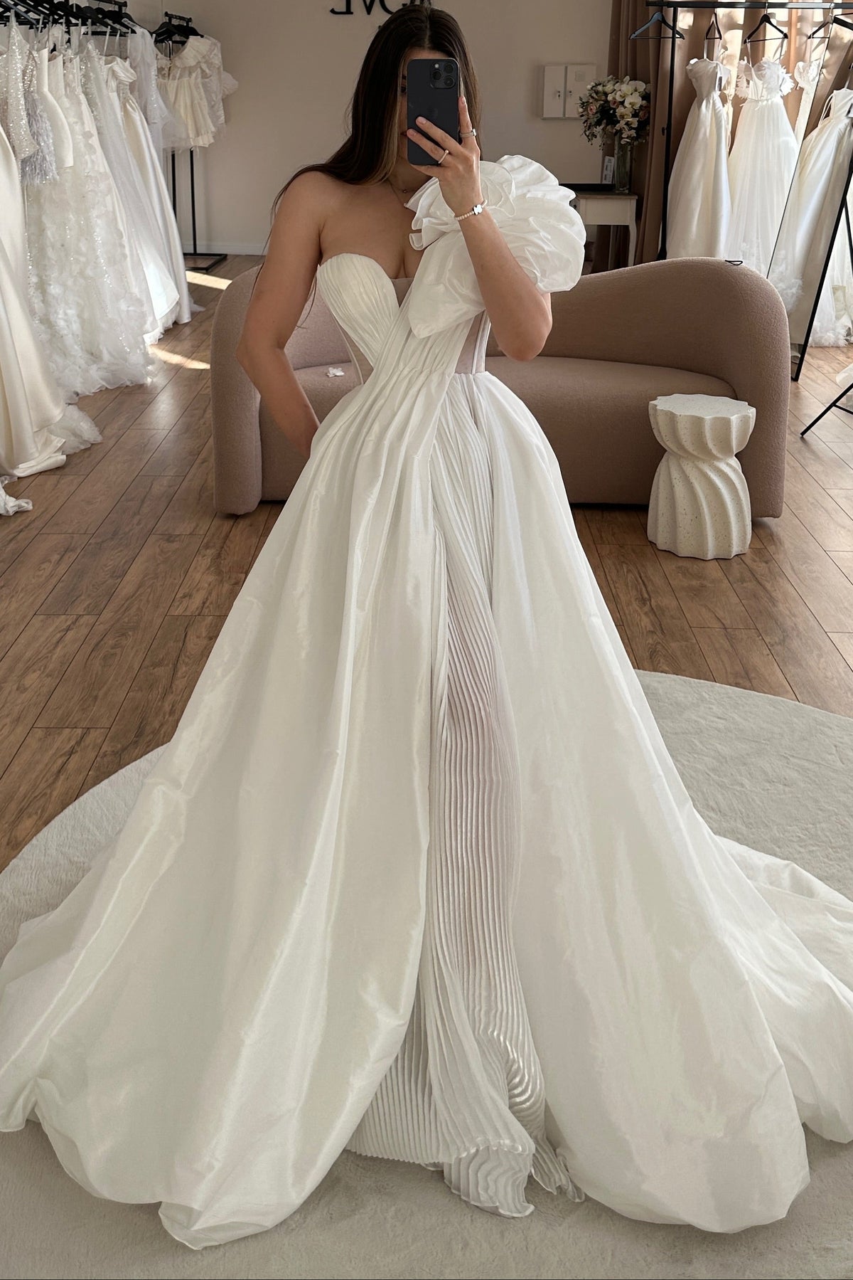 Pleated One-Shoulder Ball Gown Wedding Dress
