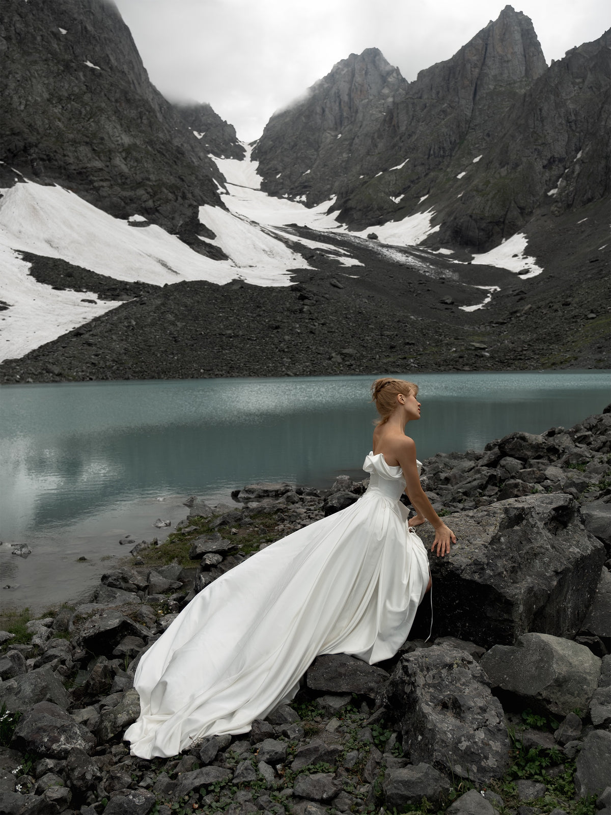 Strapless High-Low Satin Wedding Dress with Train