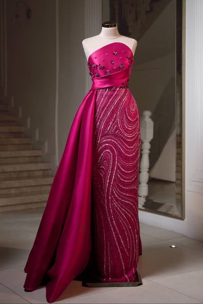 Asymmetrical Beaded Gown with Side Overskirt Drape